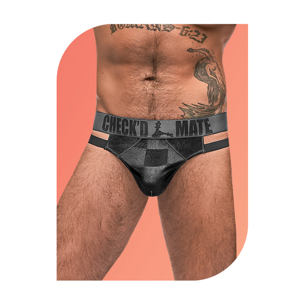 Male Power WOW Cutout Thong Black L/XL on model showcasing a sheer checkerboard design with cutout details.