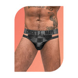 Male Power WOW Cutout Thong Black L/XL on model showcasing a sheer checkerboard design with cutout details.