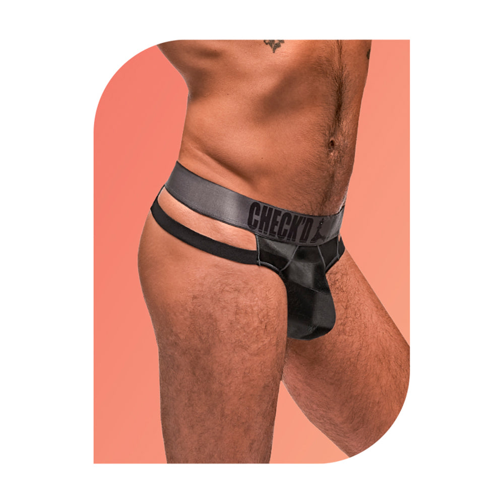 Male Power WOW Cutout Thong Black L/XL showcasing a sheer checkerboard pattern and bold cutouts on hips.