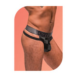 Male Power WOW Cutout Thong Black L/XL showcasing a sheer checkerboard pattern and bold cutouts on hips.