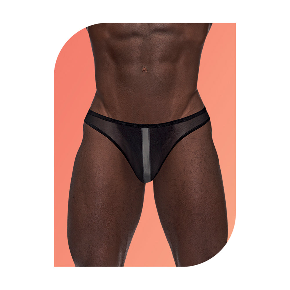 Male Power Wow Landing Strip Bikini Black Small displayed on a male model against a colorful background.