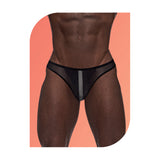Male Power Wow Landing Strip Bikini Black Small displayed on a male model against a colorful background.