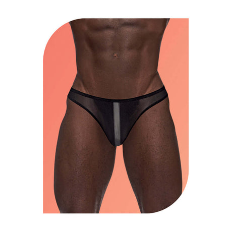 Male Power Wow Landing Strip Bikini Black Small displayed on a male model against a colorful background.
