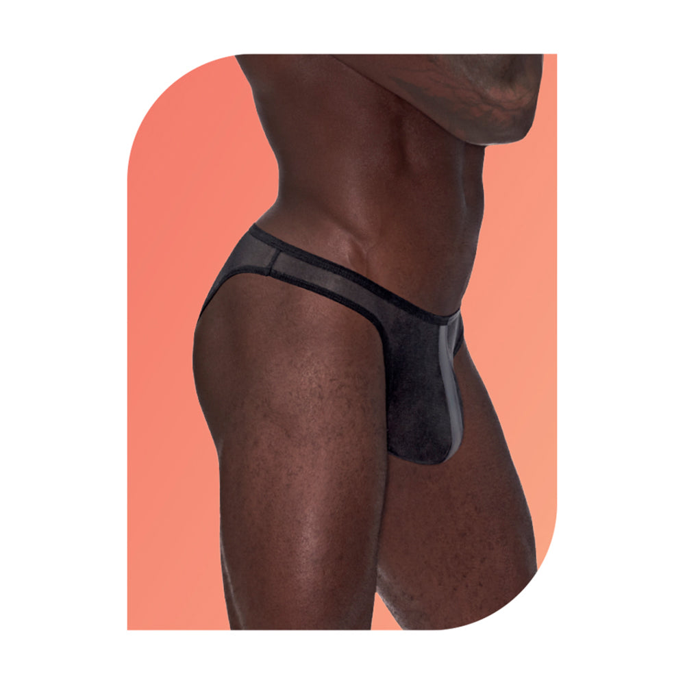 Male Power Wow Landing Strip Bikini Black Small showcased on a model, highlighting the stylish design and fit.