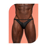 Male Power Wow Magnificence Micro V Black S M thong with cut out window and grommets, model wearing.