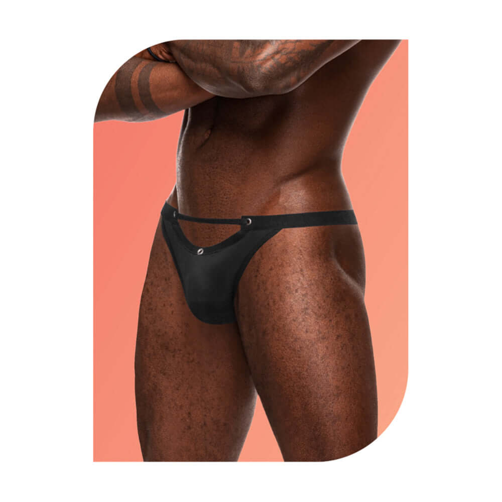 Male Power Wow Magnificence Micro V Black S M showcasing a stylish micro V thong with grommets and an elastic waistband.