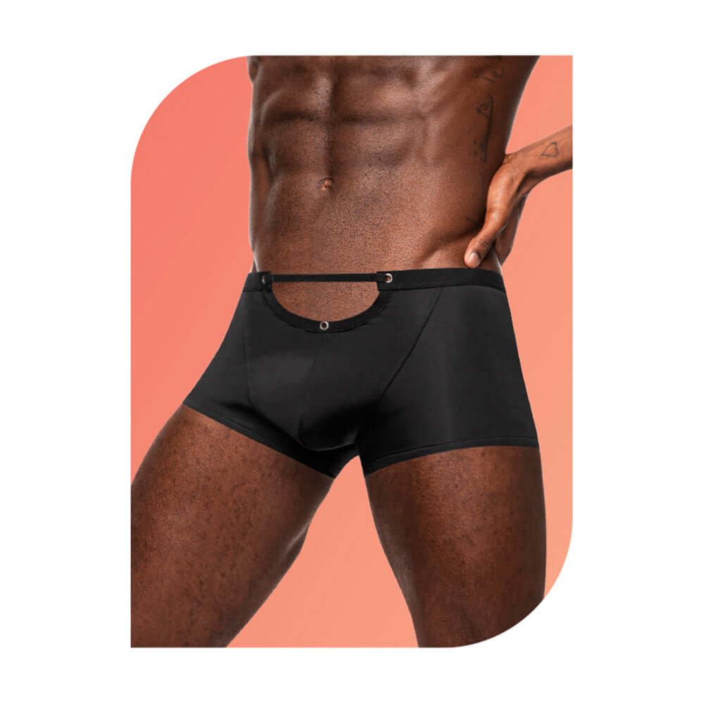 Male Power Wow Magnificence Short Black Small showcasing a sleek design with a cut-out waist and plush waistband.