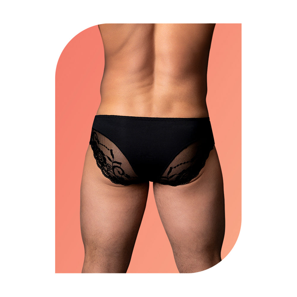 Wow Sassy Lace Bikini Black Small showcasing a low-rise fit with scalloped lace details and supportive shaping.