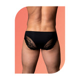 Wow Sassy Lace Bikini Black Small showcasing a low-rise fit with scalloped lace details and supportive shaping.