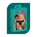 Wow Sassy Lace Bikini Black Small packaging featuring a masculine model in sexy lace men's underwear.