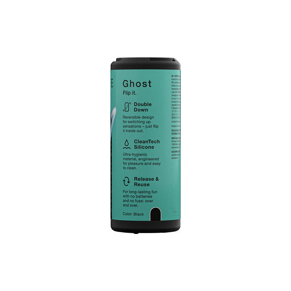 Arcwave Ghost Reversible Silicone Stroker Black packaging showcasing double down feature and CleanTech Silicone.