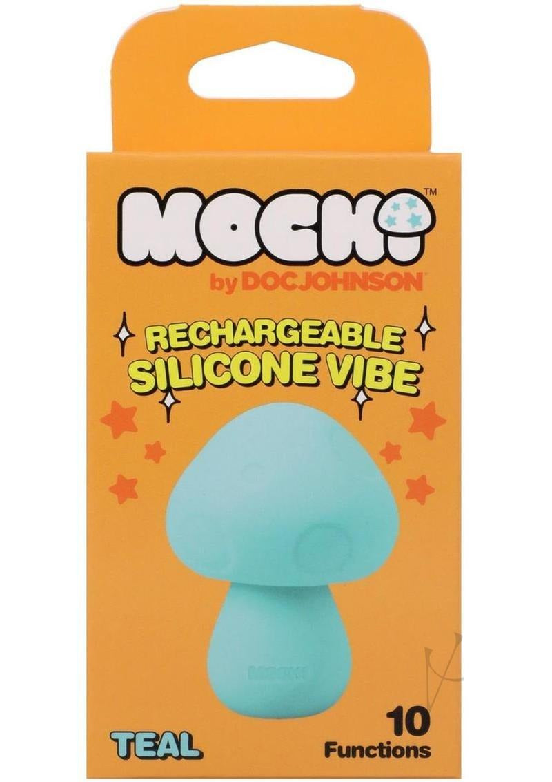 Mochi Mushroom Vibe Rechargeable Vibrator Teal packaging with vibrant colors and features.