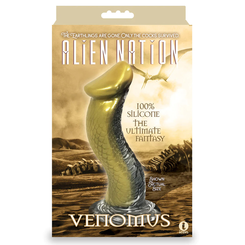 Alien Nation Venomus Gold Silicone Suction Cup Dildo packaging with alien-themed design and information.