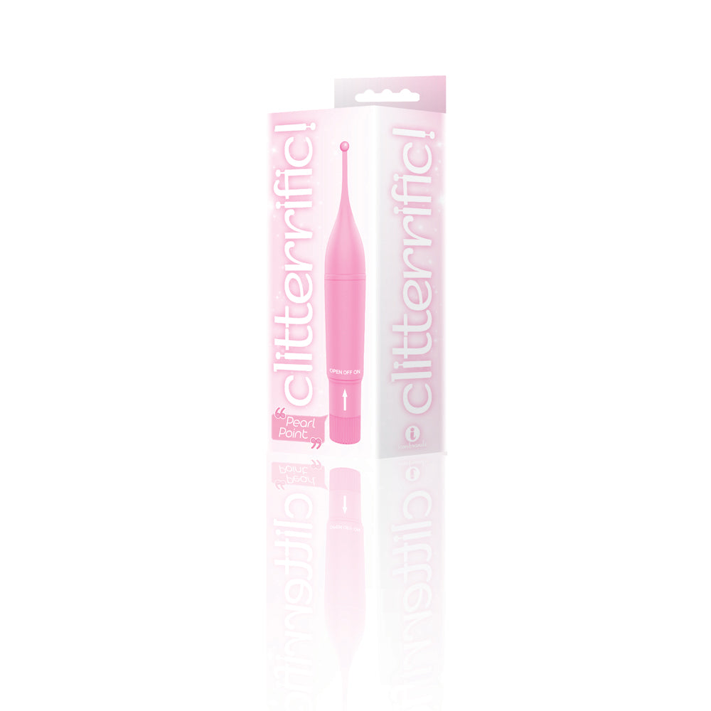 The 9's Clitterific Pearl Point Clitoral Stimulator Pink in packaging on a reflective surface.