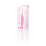 The 9's Clitterific Pearl Point Clitoral Stimulator Pink in packaging on a reflective surface.