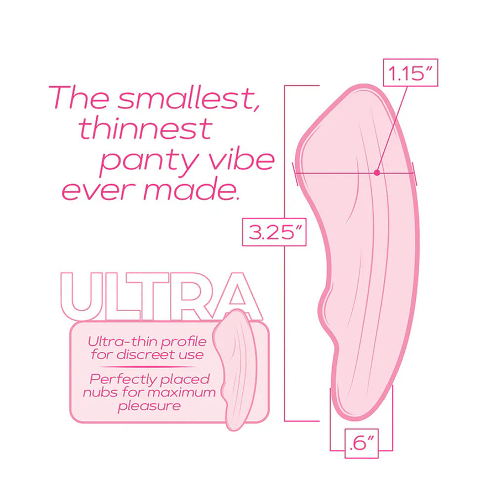 Ultra Panty Vibe Here Kitty Kitty Purple dimensions showing ultra-thin design for discreet use and maximum pleasure.