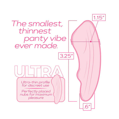 Ultra Panty Vibe Here Kitty Kitty Purple dimensions showing ultra-thin design for discreet use and maximum pleasure.