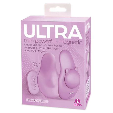 Ultra Panty Vibe Here Kitty Kitty Purple packaging showcasing its features and design in a purple color scheme.