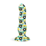 Diamonds And Hearts Curvy Silicone Dildo featuring colorful tattoo-inspired design with hearts and diamonds.