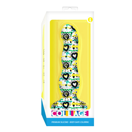 Diamonds And Hearts Curvy Silicone Dildo in vibrant packaging with tattoo-inspired art and bold colors.