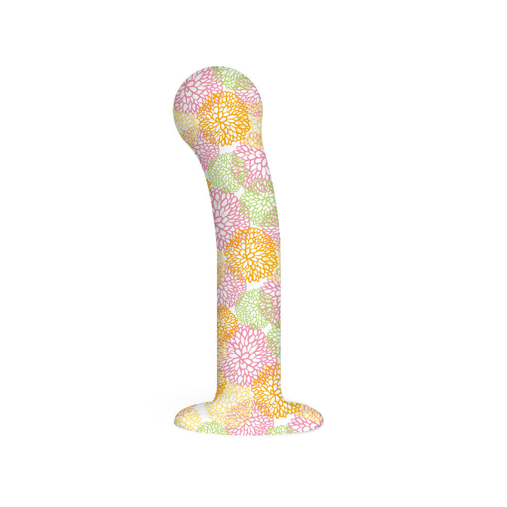 Catch The Bouquet G-spot Silicone Dildo featuring a colorful chrysanthemum design on soft silicone.