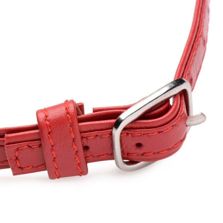 Close-up of the Master Series Slim Collar With O-ring Red showcasing its buckle and leather-like texture.