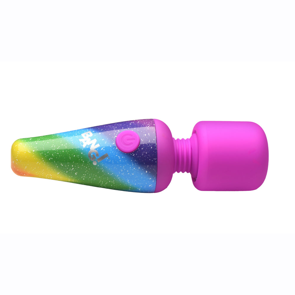 Bang Rainbow Mini Silicone Wand Vibrator with vibrant colors and button, perfect for travel-friendly stimulation.