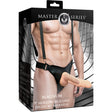 Master Series Magnum 9 inch Hollow Silicone Dildo & Harness packaging display with model wearing harness.