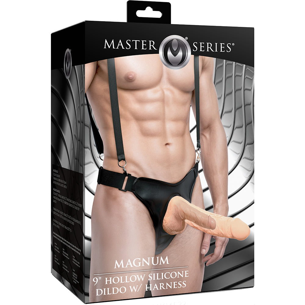 Master Series Magnum 9 inch Hollow Silicone Dildo & Harness packaging display with model wearing harness.