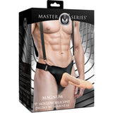 Master Series Magnum 9 inch Hollow Silicone Dildo & Harness packaging display with model wearing harness.
