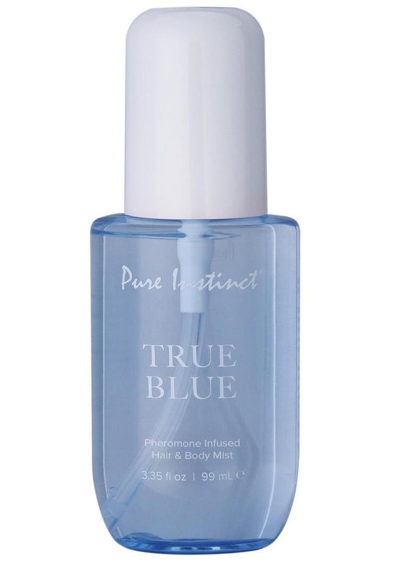 Pure Instinct Pheromone Hair & Body Mist True Blue 3.35 Oz in a blue bottle with white cap.