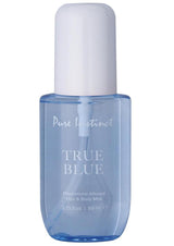 Pure Instinct Pheromone Hair & Body Mist True Blue 3.35 Oz in a blue bottle with white cap.