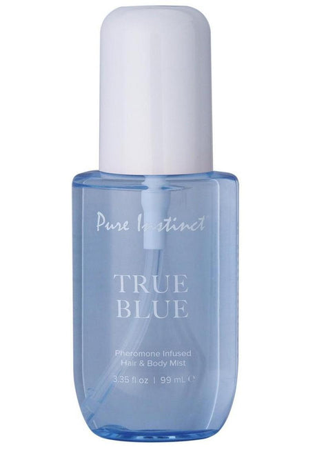 Pure Instinct Pheromone Hair & Body Mist True Blue 3.35 Oz in a blue bottle with white cap.