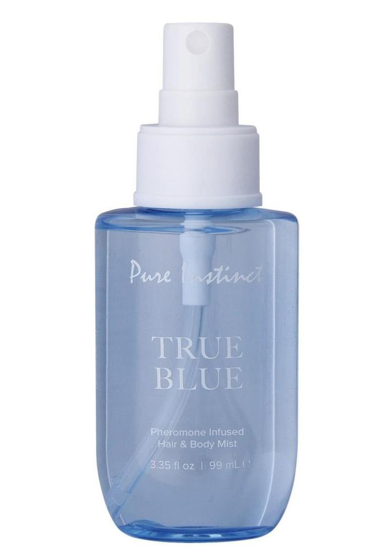 Pure Instinct Pheromone Hair & Body Mist True Blue 3.35 Oz in a sleek spray bottle, perfect for refreshing fragrance.
