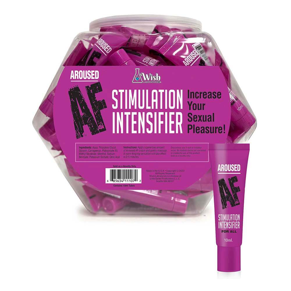 Aroused AF Stimulation Intensifier Cream 65 Piece Fishbowl product showing packaging and individual tubes for enhanced pleasure.