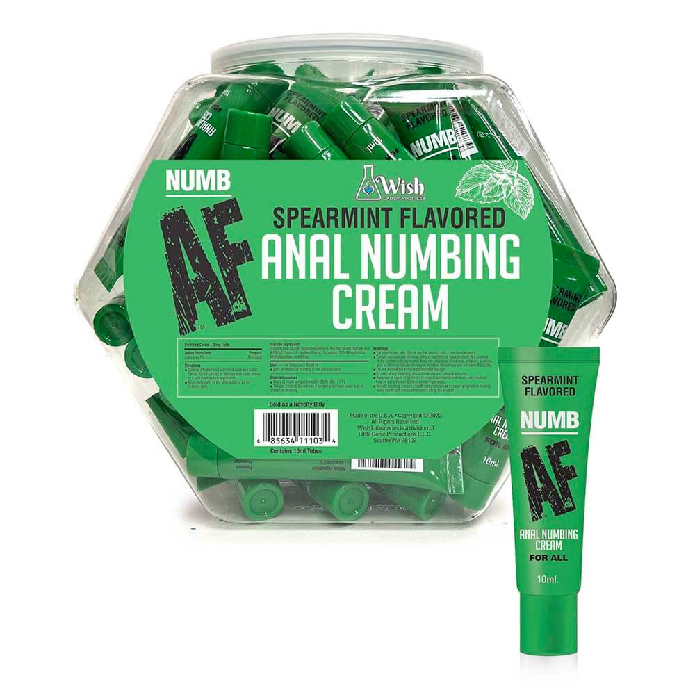 Numb AF Spearmint Flavored Anal Numbing Cream 65 Piece Fishbowl with tubes and packaging.