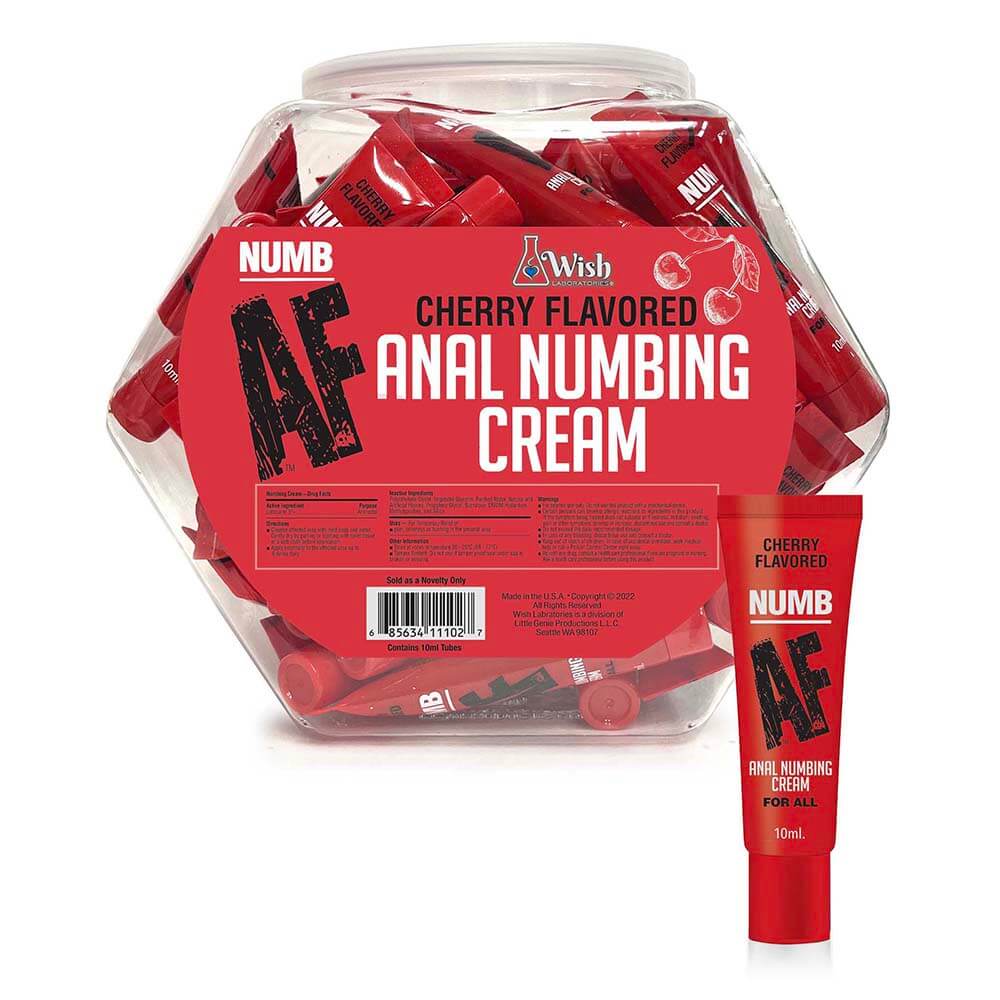 Numb AF Cherry Flavored Anal Numbing Cream 65 Piece Fishbowl with tubes and packaging for anal play.