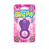 Rock Candy Bling Pop Vibrating Cock Ring Purple packaging featuring a diamond-shaped vibrating gem and soft ring design.