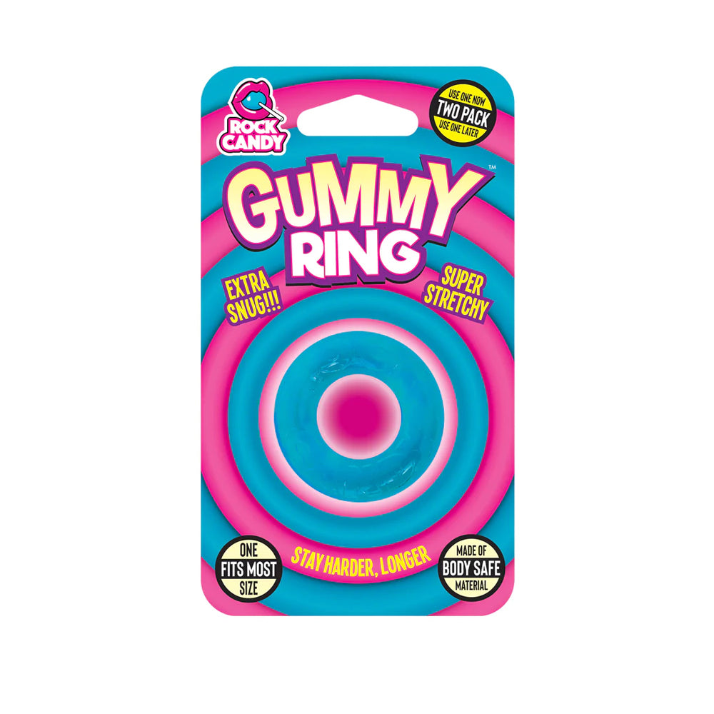 Rock Candy Gummy Rings Super Stretch Cock Rings Blue packaging, featuring a blue stretchy ring design.