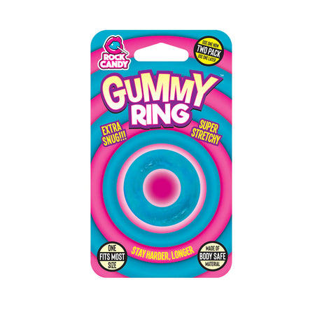Rock Candy Gummy Rings Super Stretch Cock Rings Blue packaging, featuring a blue stretchy ring design.