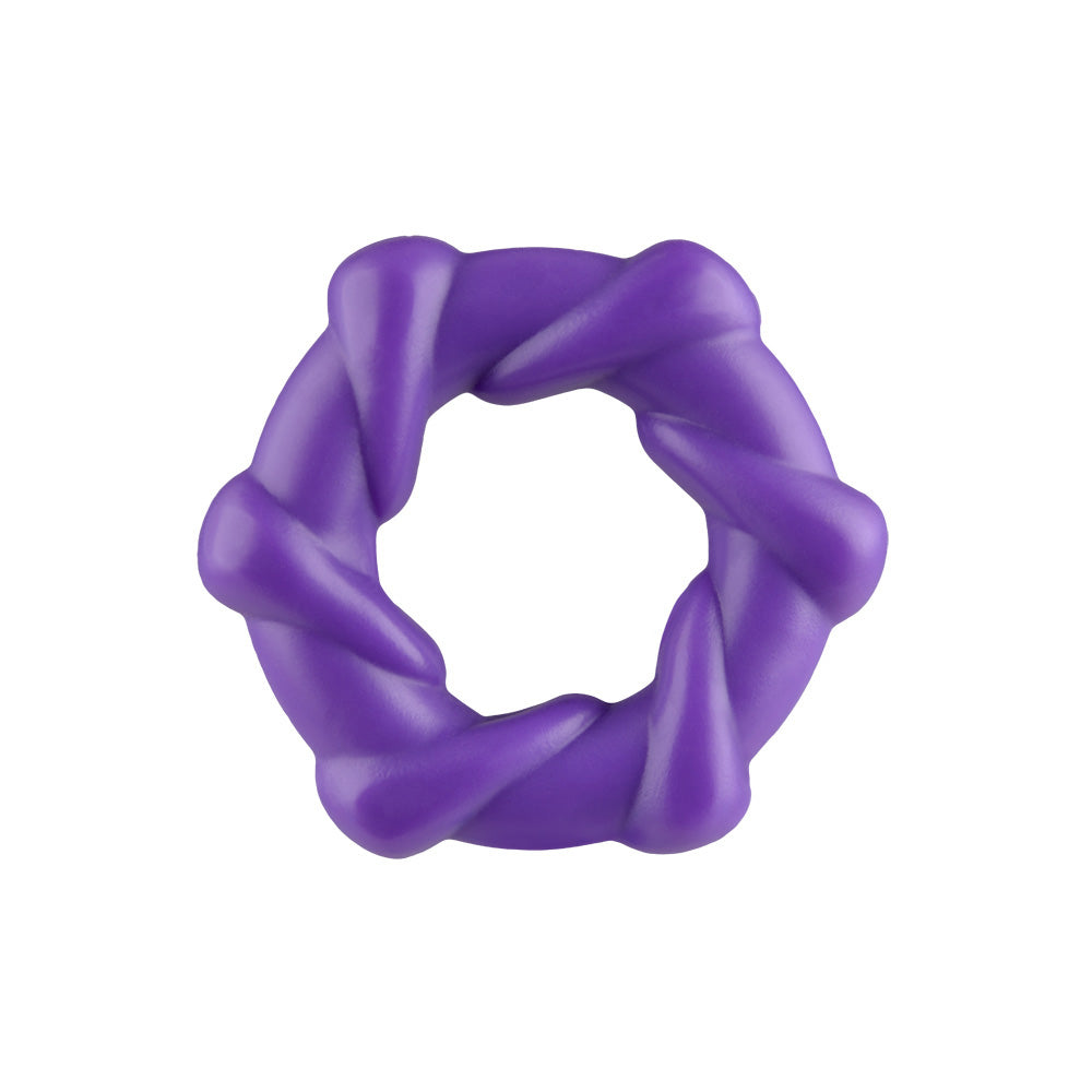 Rock Candy Taffy Twist Twisted Cock Ring Purple highlighting its snug, spiraled design for enhanced performance.