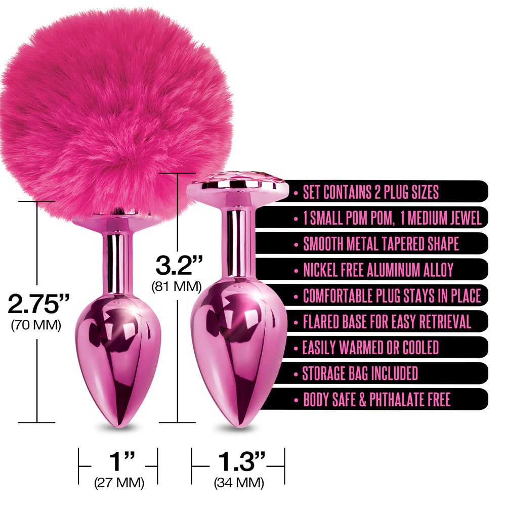 Nixie Metal Butt Plug Set Pom Pom Jewel Pink Metallic featuring pink fluffy pom pom and tapered metal plugs with measurements.