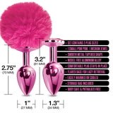 Nixie Metal Butt Plug Set Pom Pom Jewel Pink Metallic featuring pink fluffy pom pom and tapered metal plugs with measurements.
