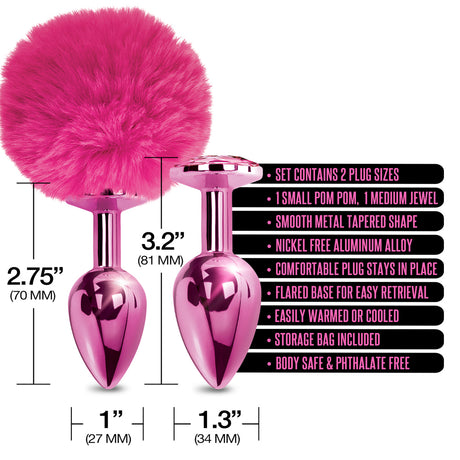 Nixie Metal Butt Plug Set Pom Pom Jewel Pink Metallic featuring pink fluffy pom pom and tapered metal plugs with measurements.