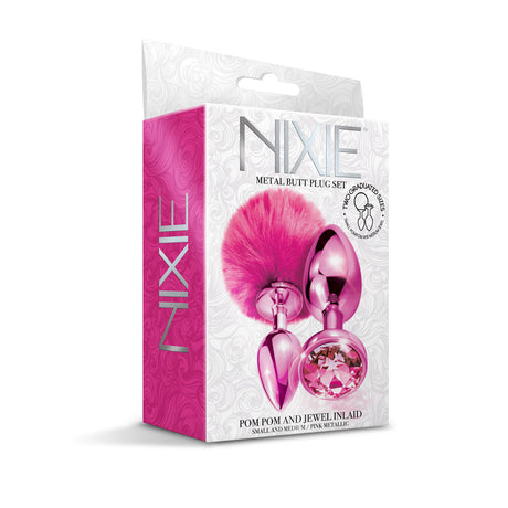 Nixie Metal Butt Plug Set Pom Pom Jewel Pink Metallic packaging showcasing small and medium plugs with gem detail.