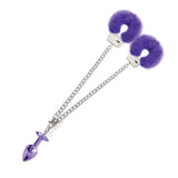 Nixie Metal Butt Plug & Furry Cuff Set Purple Metallic featuring purple faux fur cuffs and a jeweled metal butt plug.