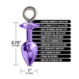 Nixie Metal Butt Plug & Furry Cuff Set Purple Metallic with dimensions and features for bondage and anal play.