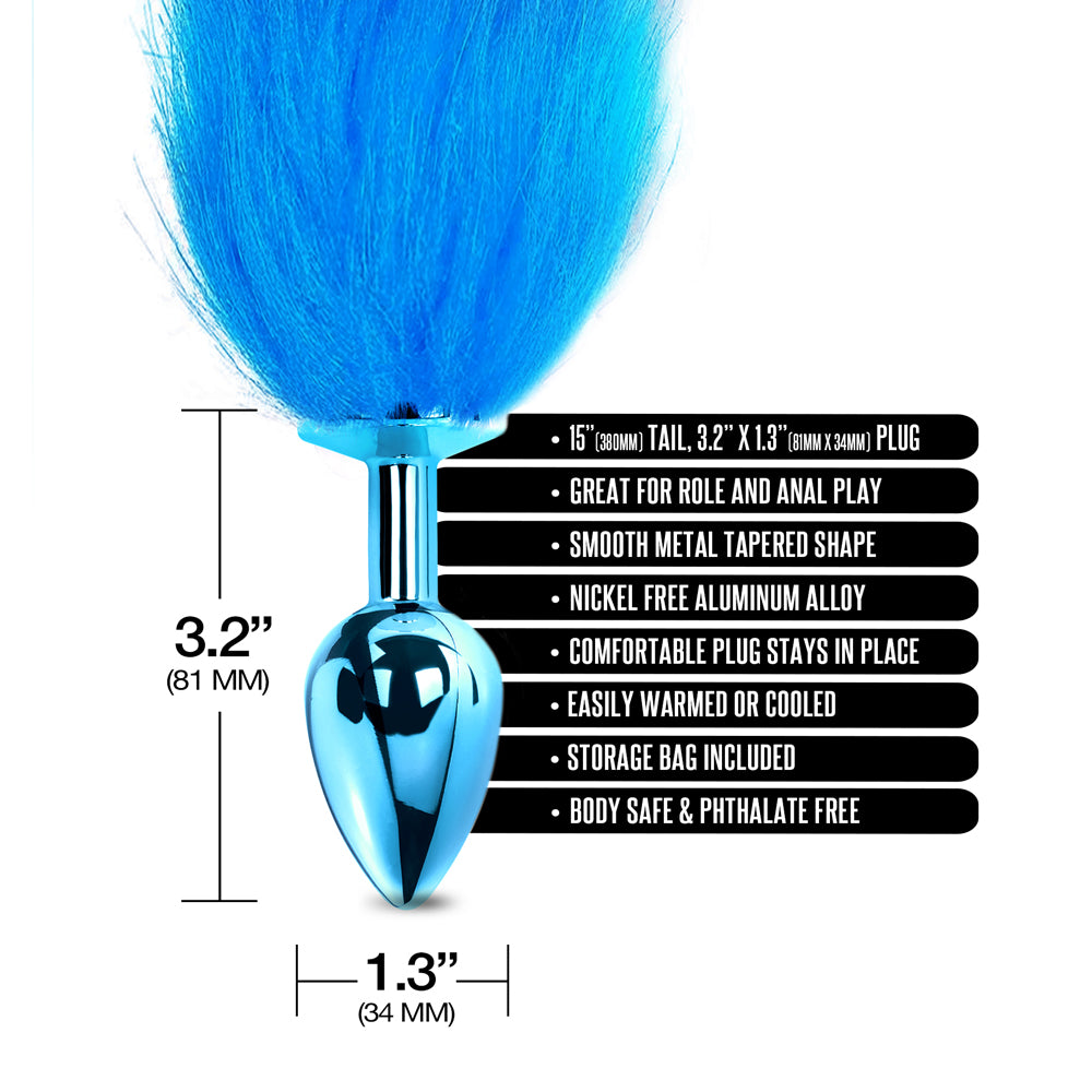 Nixie Metal Butt Plug With Ombre Tail Blue Metallic with blue fluffy tail and metallic smooth plug dimensions.