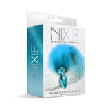 Nixie Metal Butt Plug With Ombre Tail Blue Metallic packaging showcasing a sleek design with a blue ombre tail.