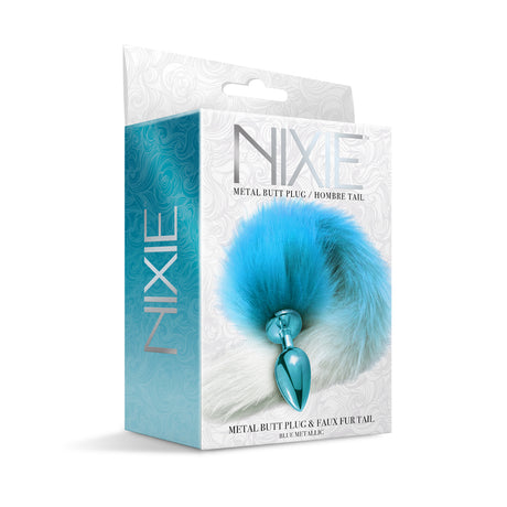 Nixie Metal Butt Plug With Ombre Tail Blue Metallic packaging showcasing a sleek design with a blue ombre tail.